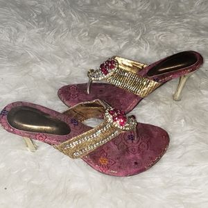Gold and Magenta crystals colorful short heels